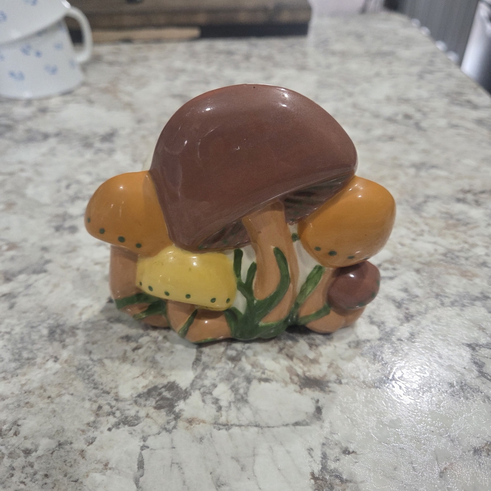 Vintage 70s Cottagecore Ceramic Mushroom Napkin Holder Brown and Mustard Yellow
